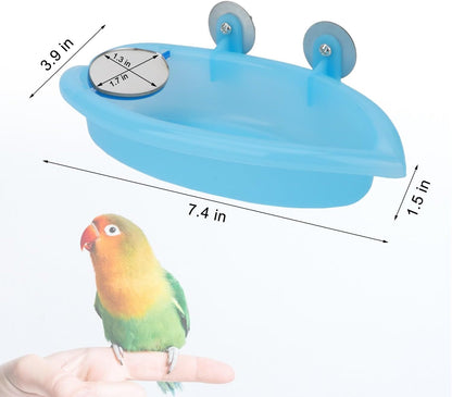 Blue bird perch with dimensions and a parrot for scale on a white background