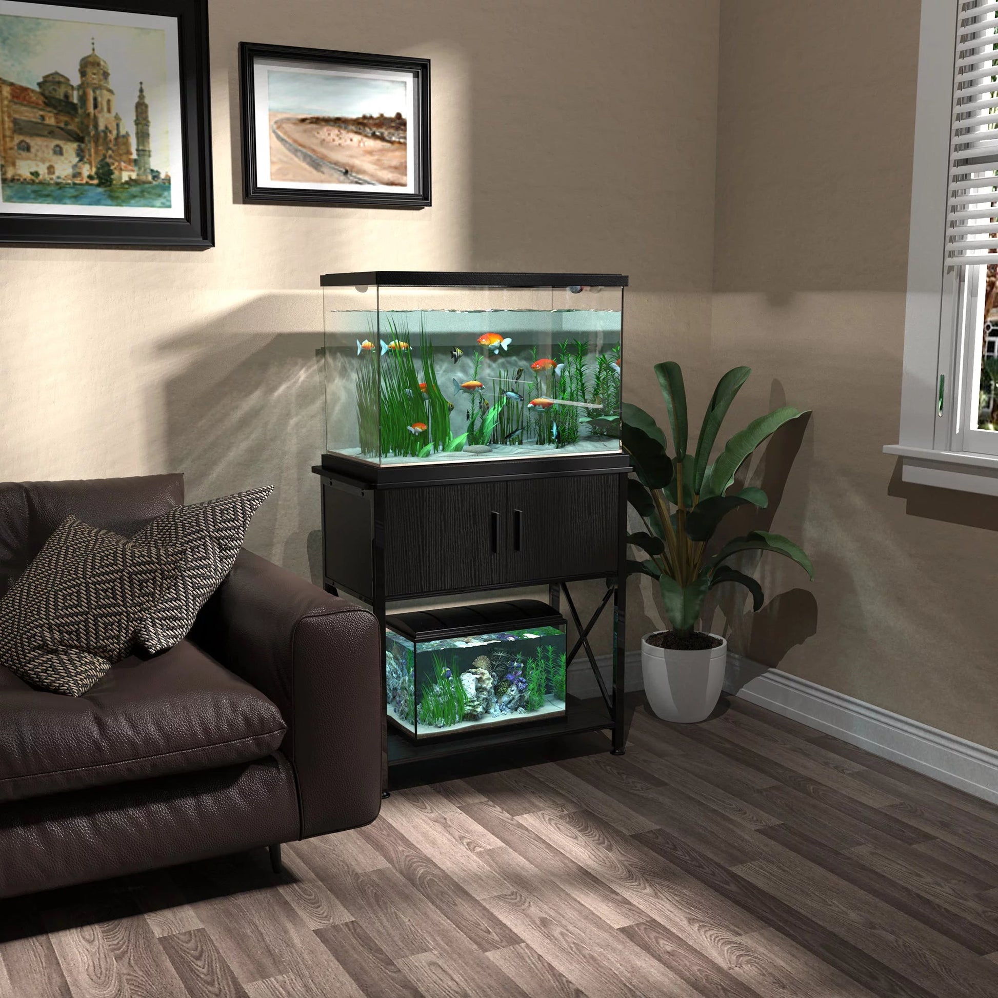 Living room with a fish tank on a stand, plants, and framed pictures.