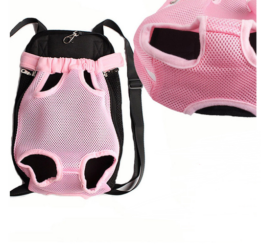 Pink pet carrier with mesh sides and black accents on a white background