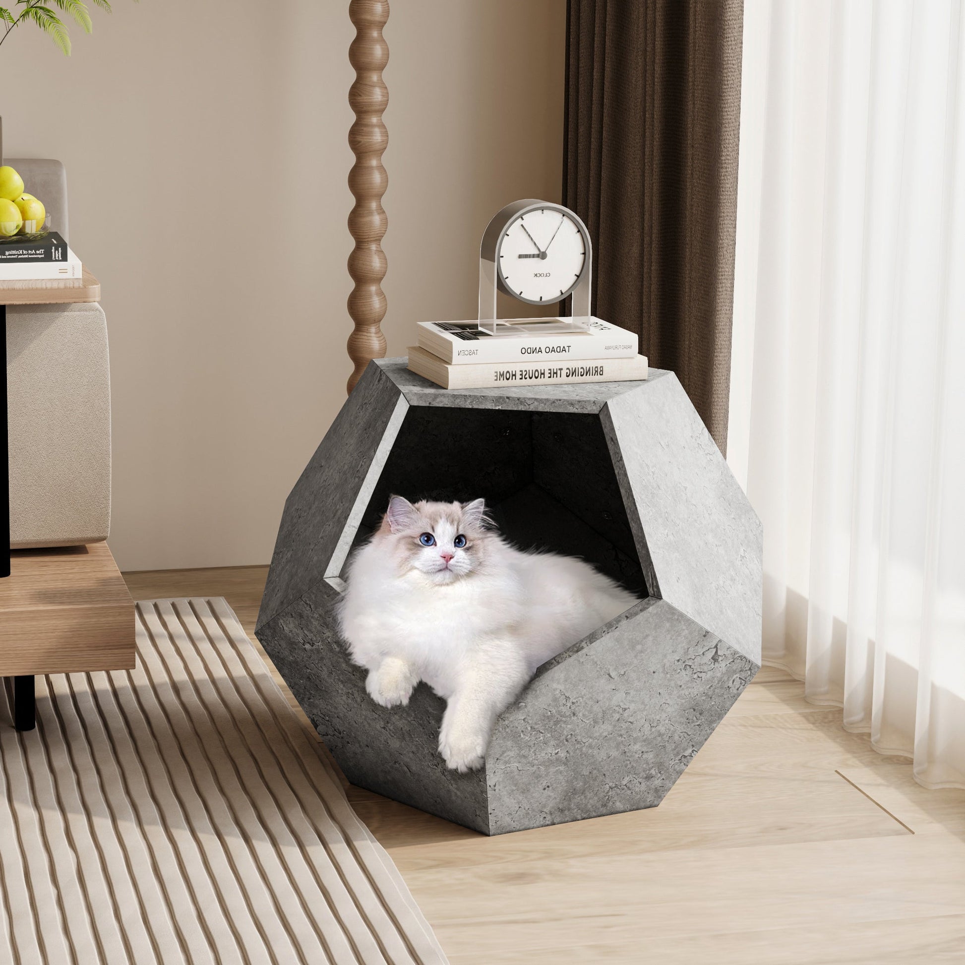 Cat lying in a geometric concrete pet bed in a cozy room.