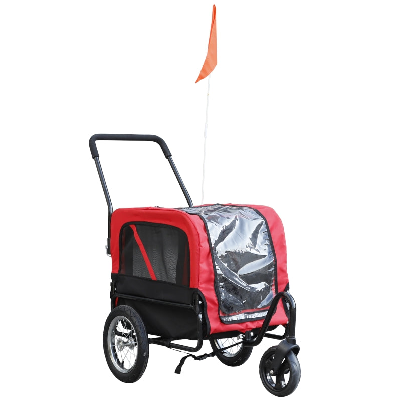 Red and black pet stroller with a gray cover on a white background