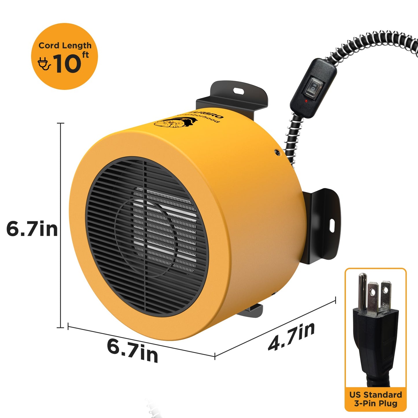 Yellow portable heater with dimensions and plug information on a white background