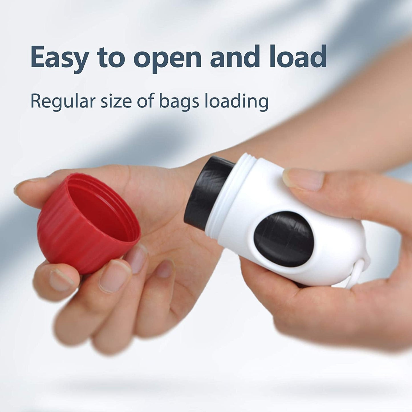 Person using a white device with a red component, likely for loading bags, with text 'Easy to open and load' on a blurred background.