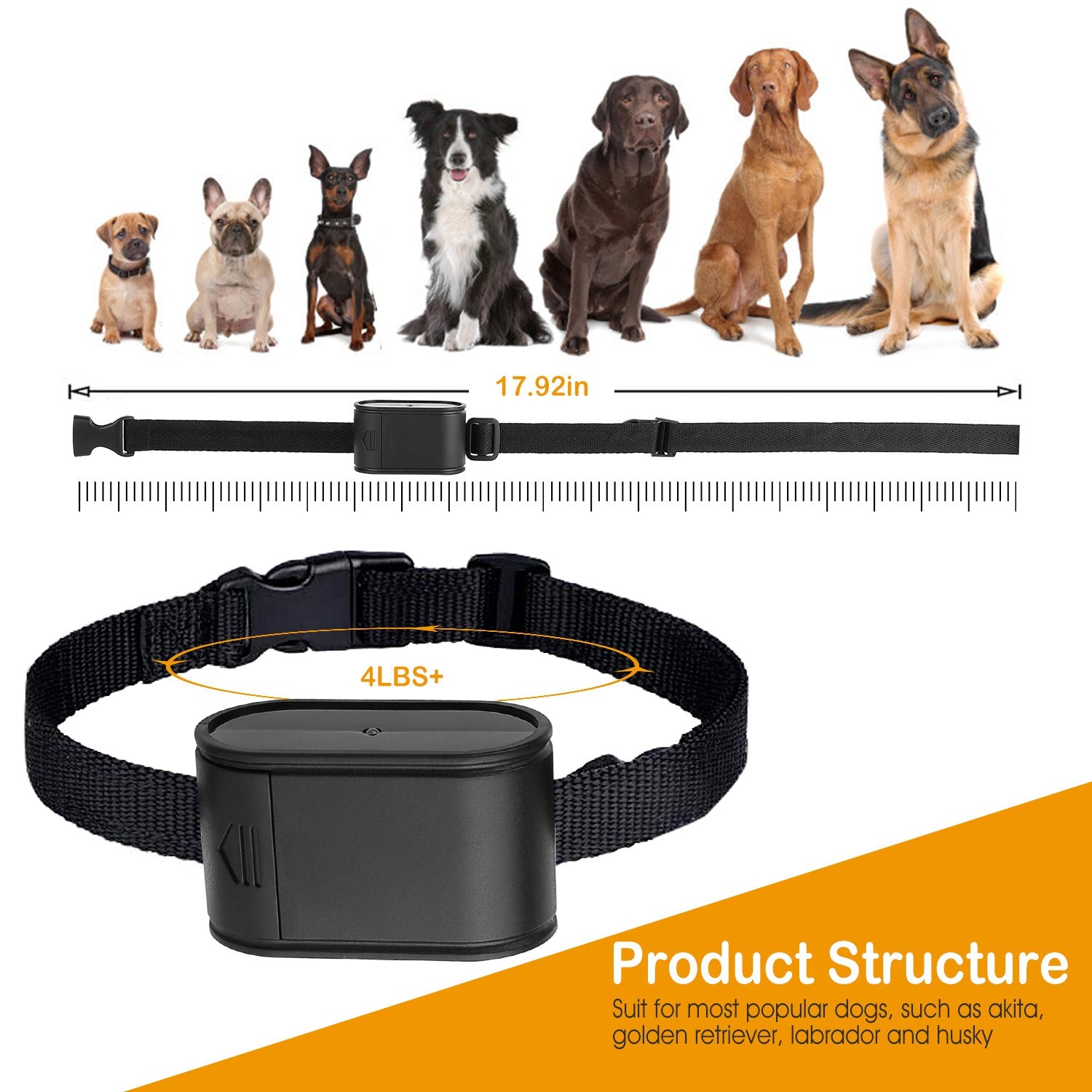 Dog collar with measurement details and compatibility information on a white background