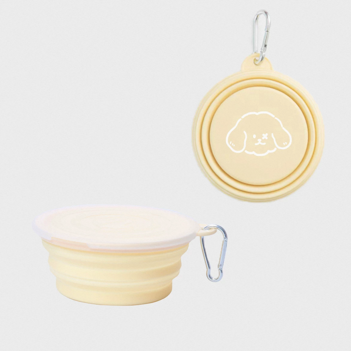 Collapsible beige pet bowl with matching lid on a white background