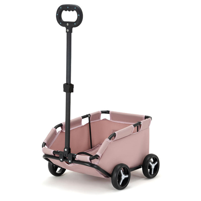 Pink children's wagon with black handle and wheels on a white background