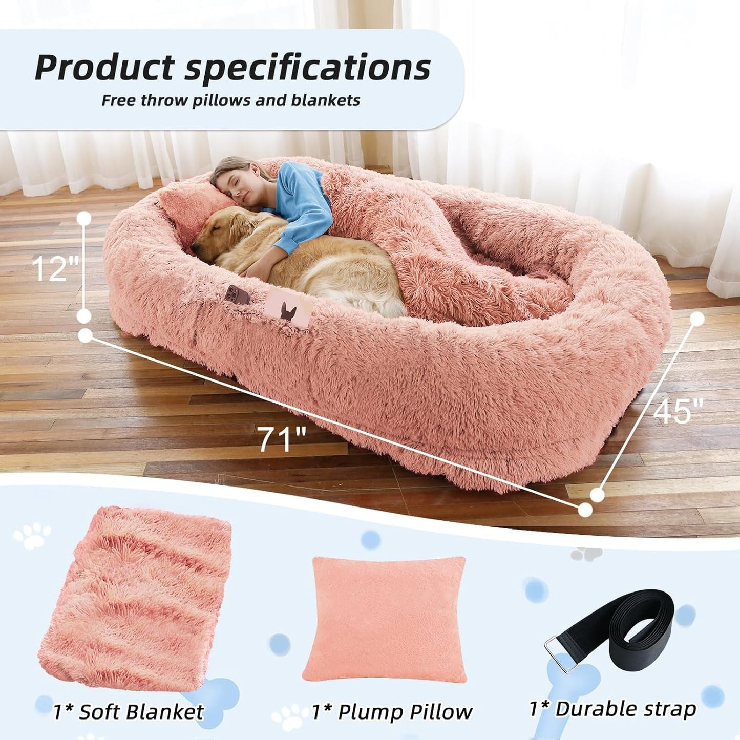 Fluffy pink pet bed with measurements and included items on a wooden floor.