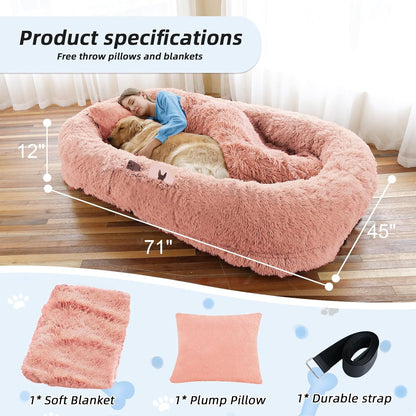 Fluffy pink pet bed with measurements and included items on a wooden floor.