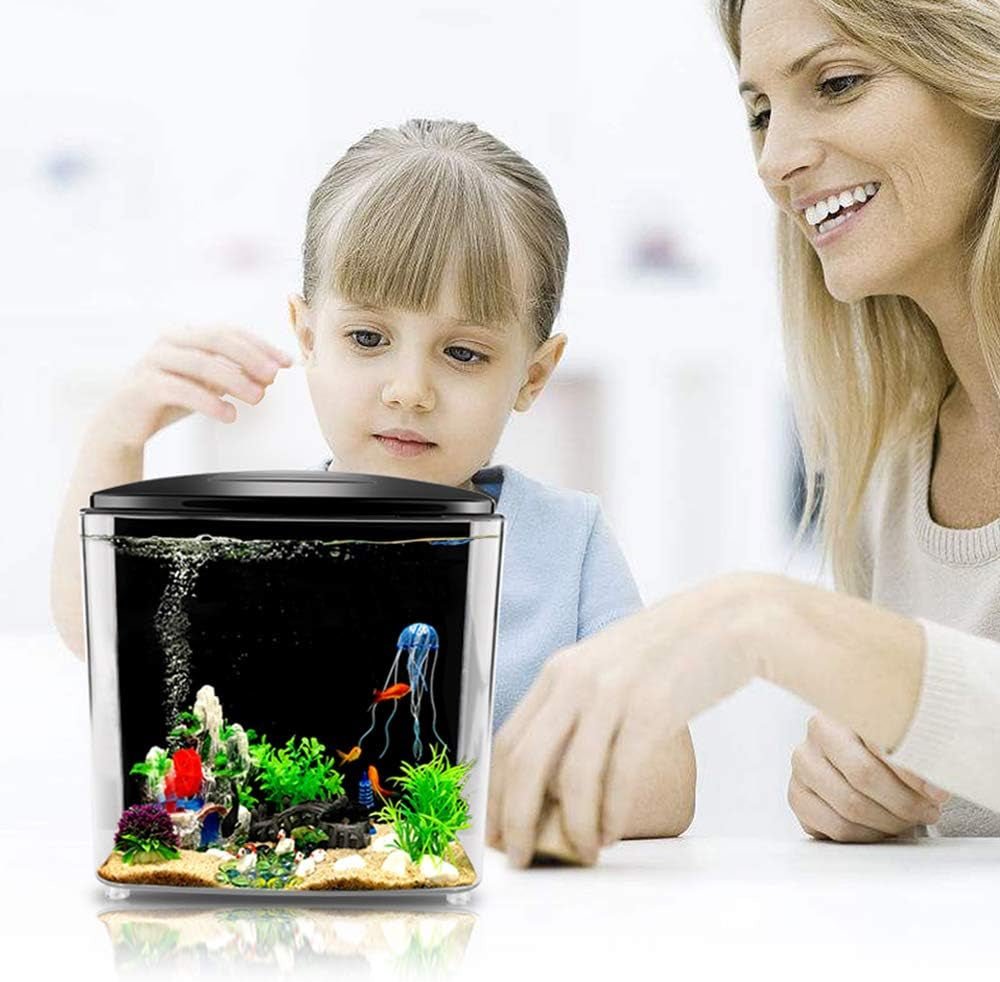 Woman and child looking at a small aquarium together