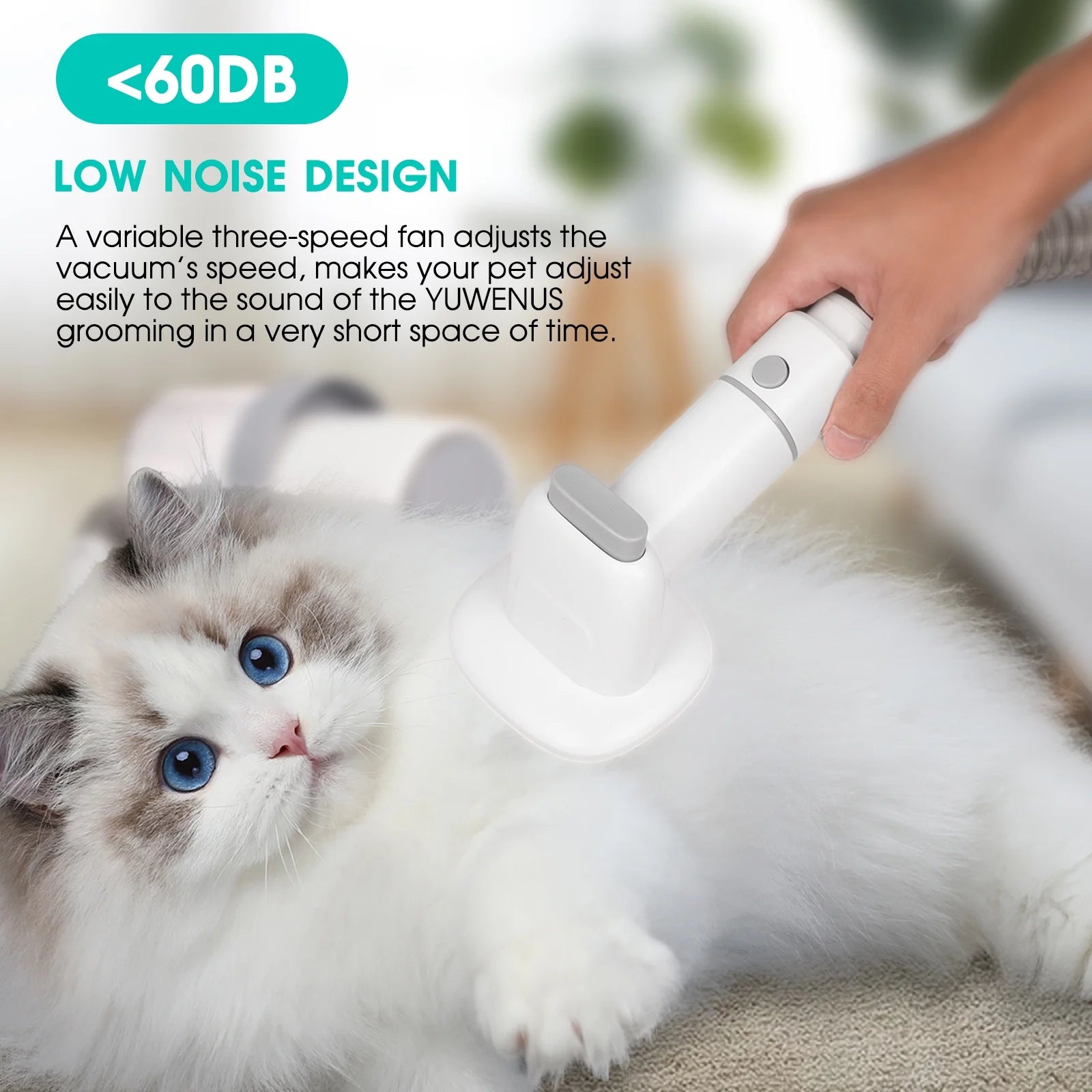 Pet grooming tool with a fluffy cat and text about low noise design.