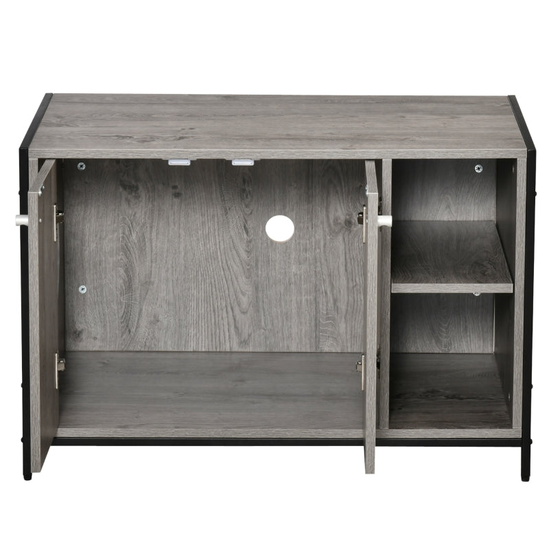 Wooden cabinet with open doors on a white background