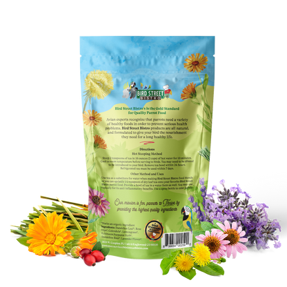 Bird seed package with floral decorations on a white background