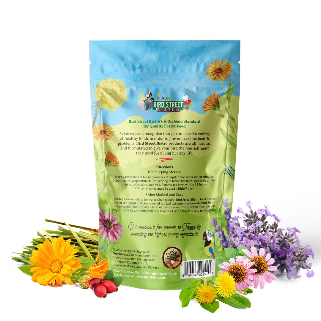 Bird seed package with floral decorations on a white background