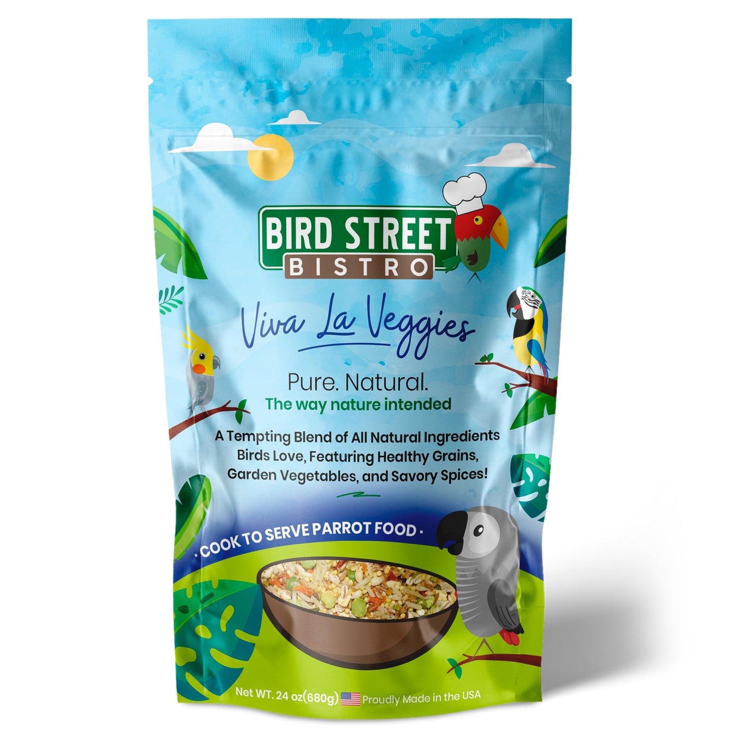 Bird Street Bistro Viva La Veggies parrot food package on a white background