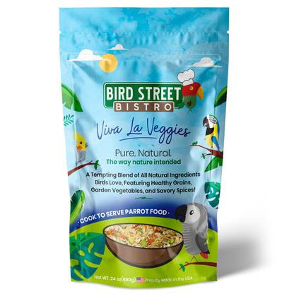 Bird Street Bistro Viva La Veggies parrot food package on a white background