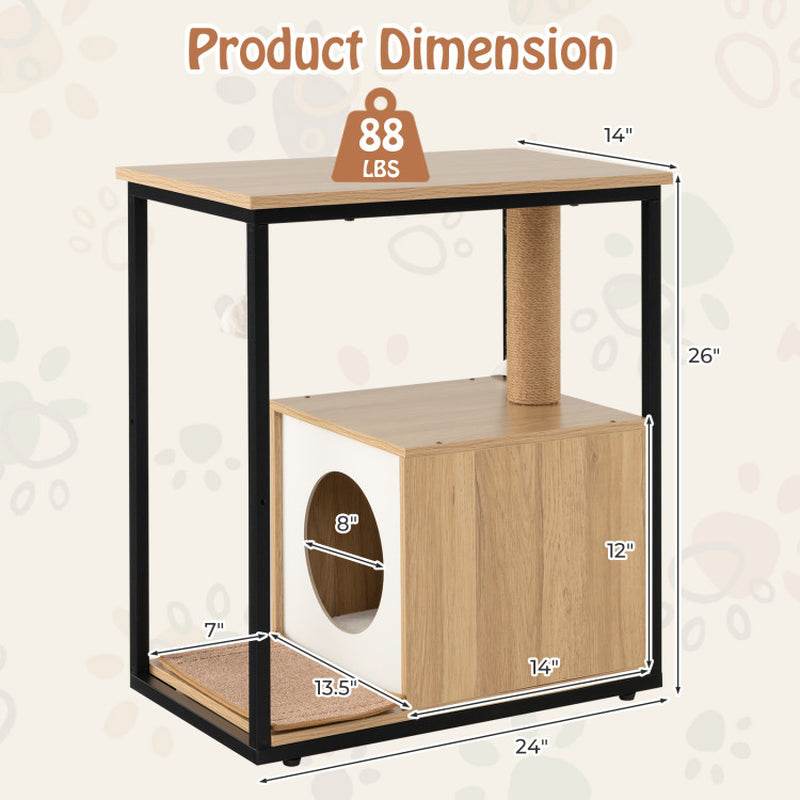 Dimensions of a wooden pet play structure with measurements labeled.