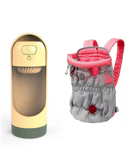 Gold and green device with a gray and pink backpack on a white background