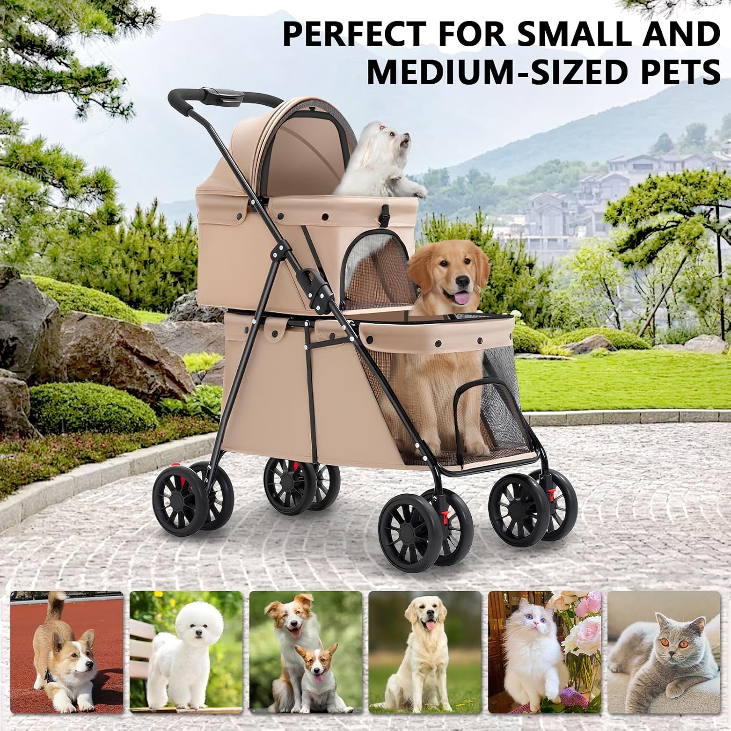 Pet stroller with two dogs in a park setting, text 'Perfect for small and medium-sized pets'.