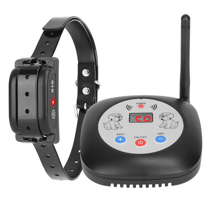 Black electronic dog training collar with receiver and remote on a white background