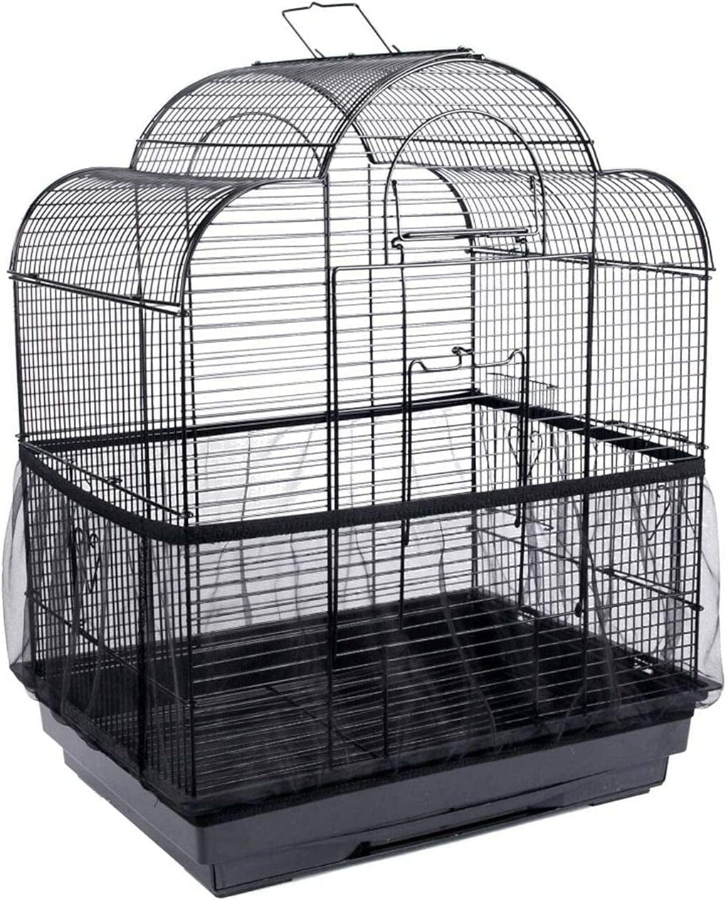 Black bird cage with a clear plastic cover on a white background