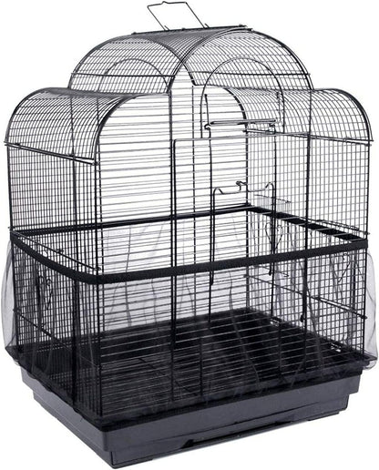 Black bird cage with a clear plastic cover on a white background
