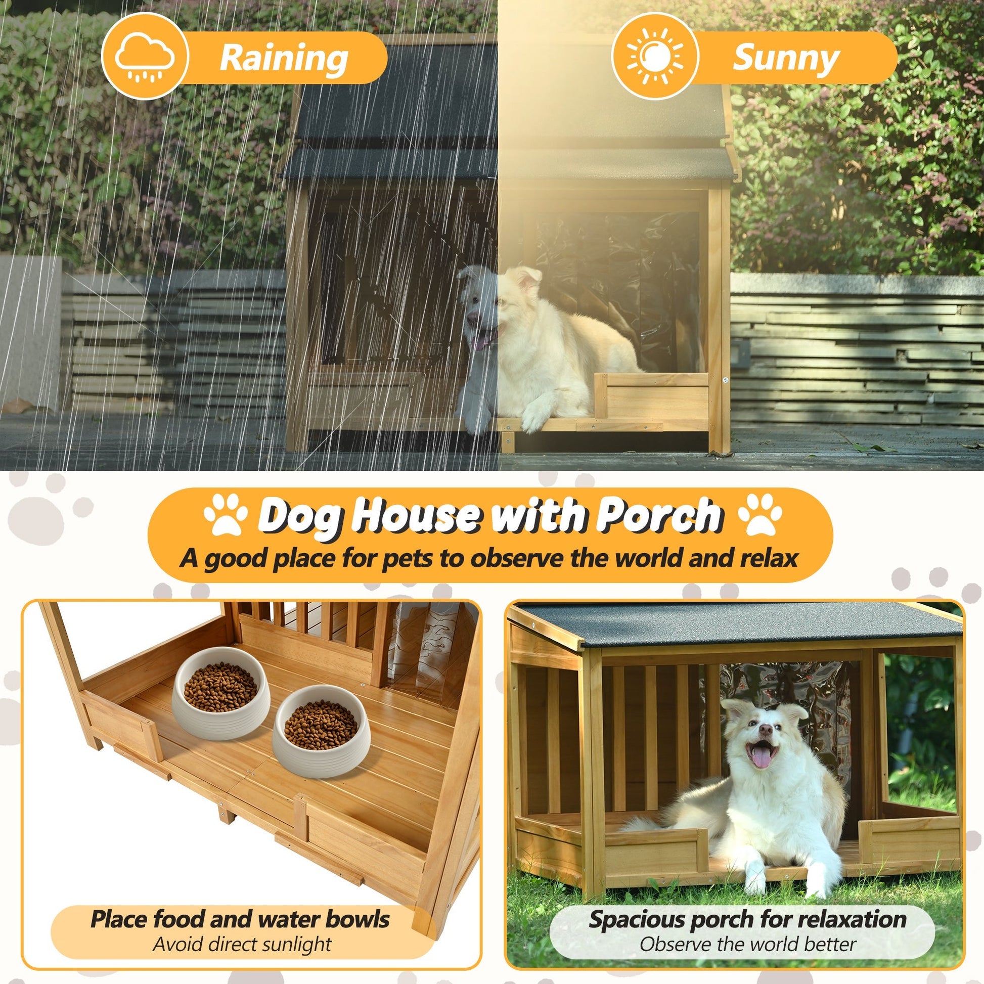 Dog house with porch shown in rainy and sunny conditions, with a dog inside.