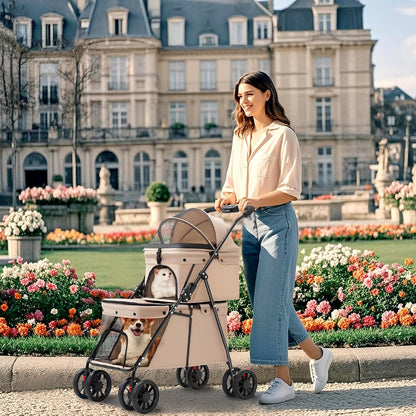 Woman pushing a stroller with a dog in front of a historic building