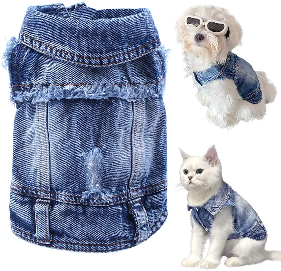 Blue denim pet outfit with a dog and cat wearing it on a white background