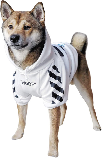 Dog wearing a white hoodie with black stripes and 'WOOF' text on a white background