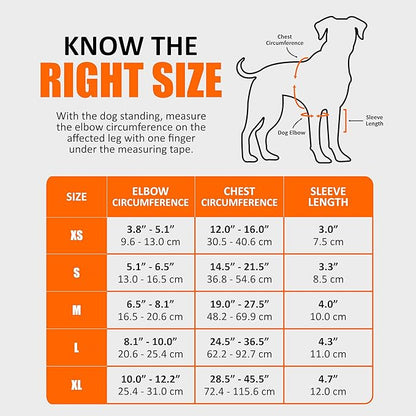 Dog coat size chart with measurements for elbow circumference, chest circumference, and sleeve length.