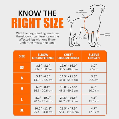 Dog coat size chart with measurements for elbow circumference, chest circumference, and sleeve length.