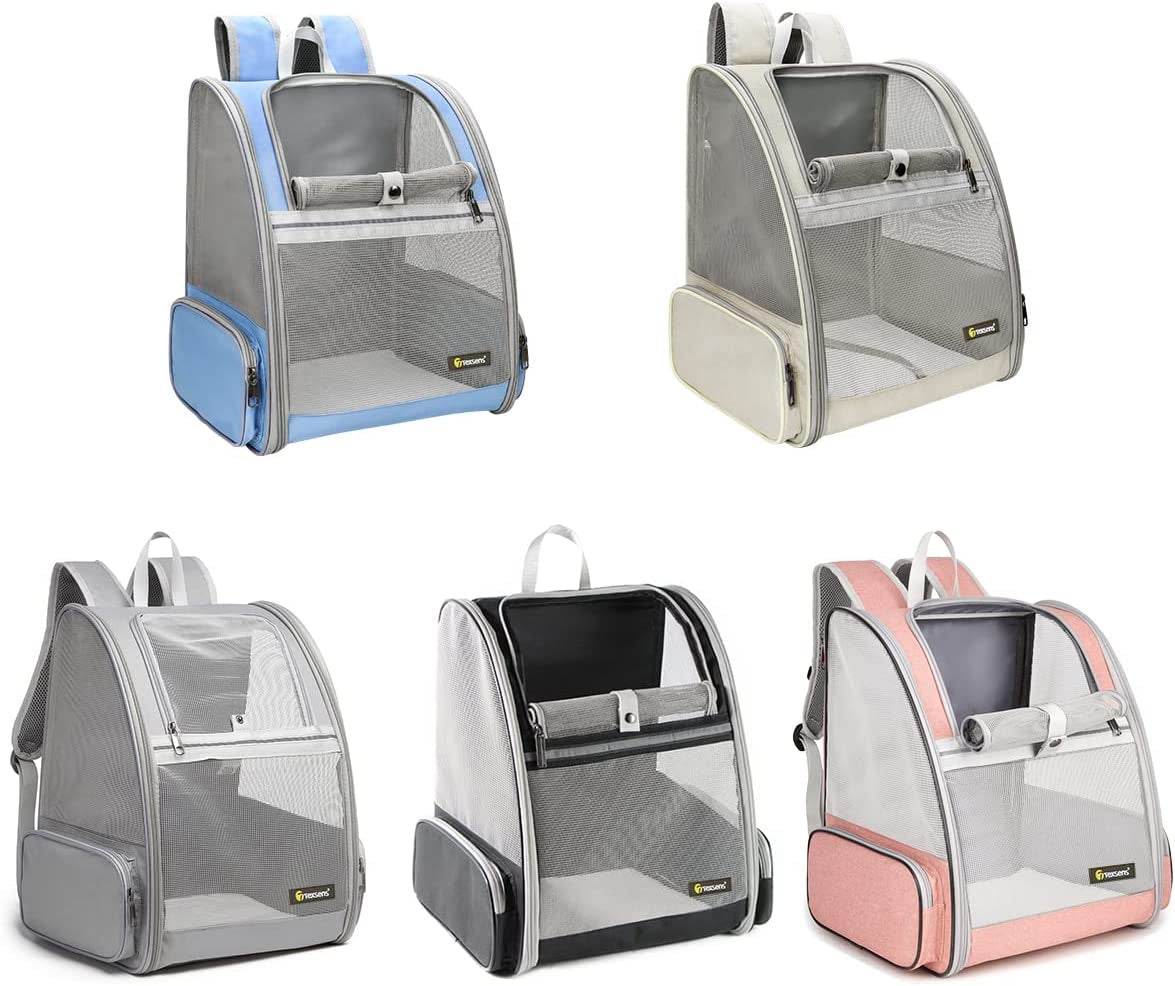 Set of pet carrier backpacks in various colors on a white background