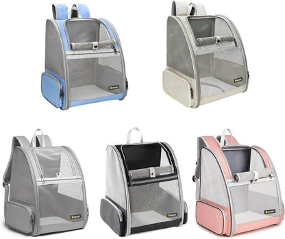 Set of pet carrier backpacks in various colors on a white background