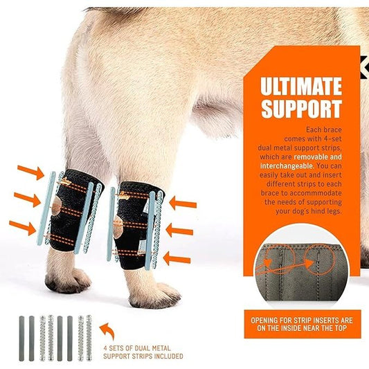 Dog knee brace with support strips and packaging on a white background