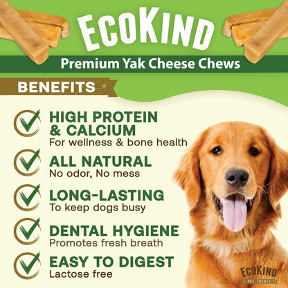 Advertisement for EcoKind Premium Yak Cheese Chews with a dog and product details on a green background.