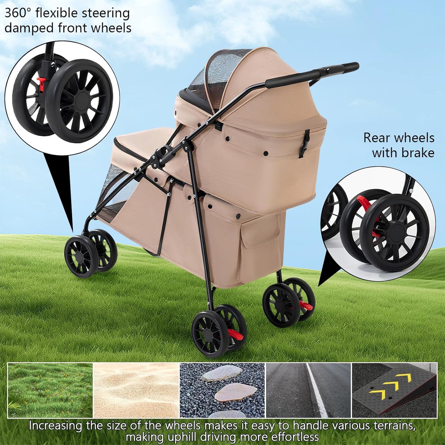 Beige stroller with detailed features on a grassy background