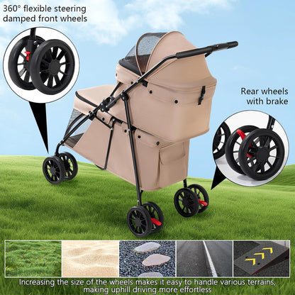 Beige stroller with detailed features on a grassy background