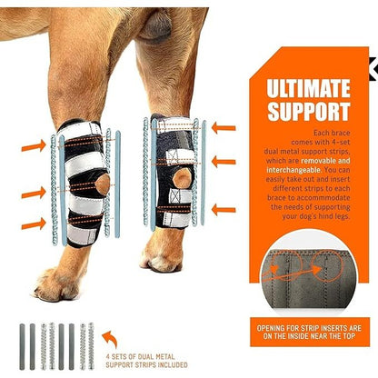 Dog leg brace with packaging and text on ultimate support