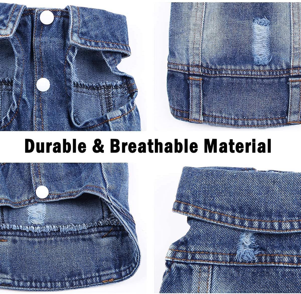 Collage of denim fabric with text 'Durable & Breathable Material' on a white background