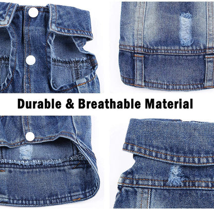 Collage of denim fabric with text 'Durable & Breathable Material' on a white background