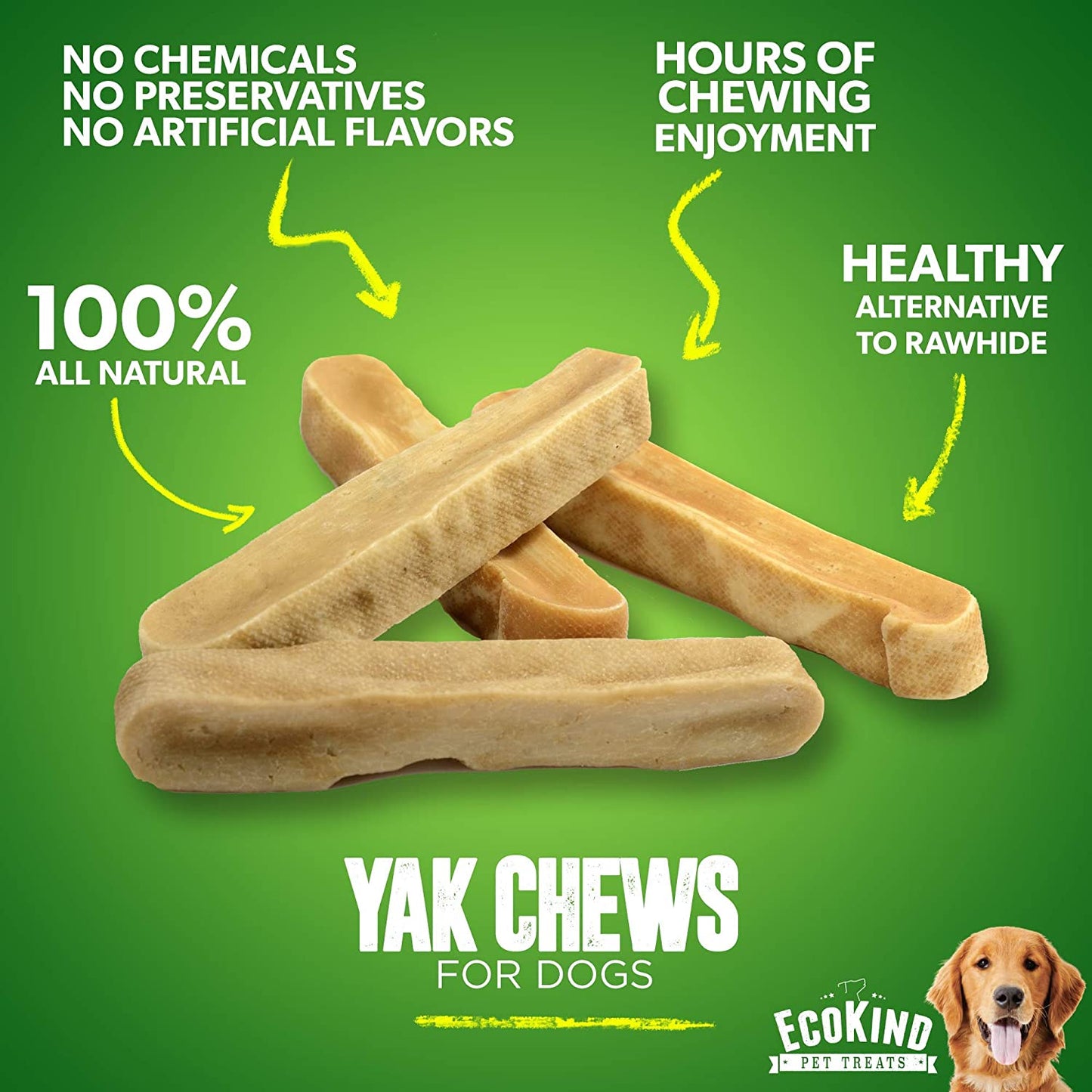 Yak chews for dogs with green background and product details.