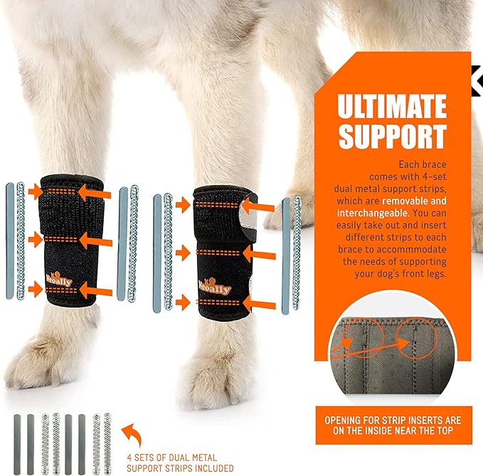 Dog knee support brace with packaging and metal support strips on a white background