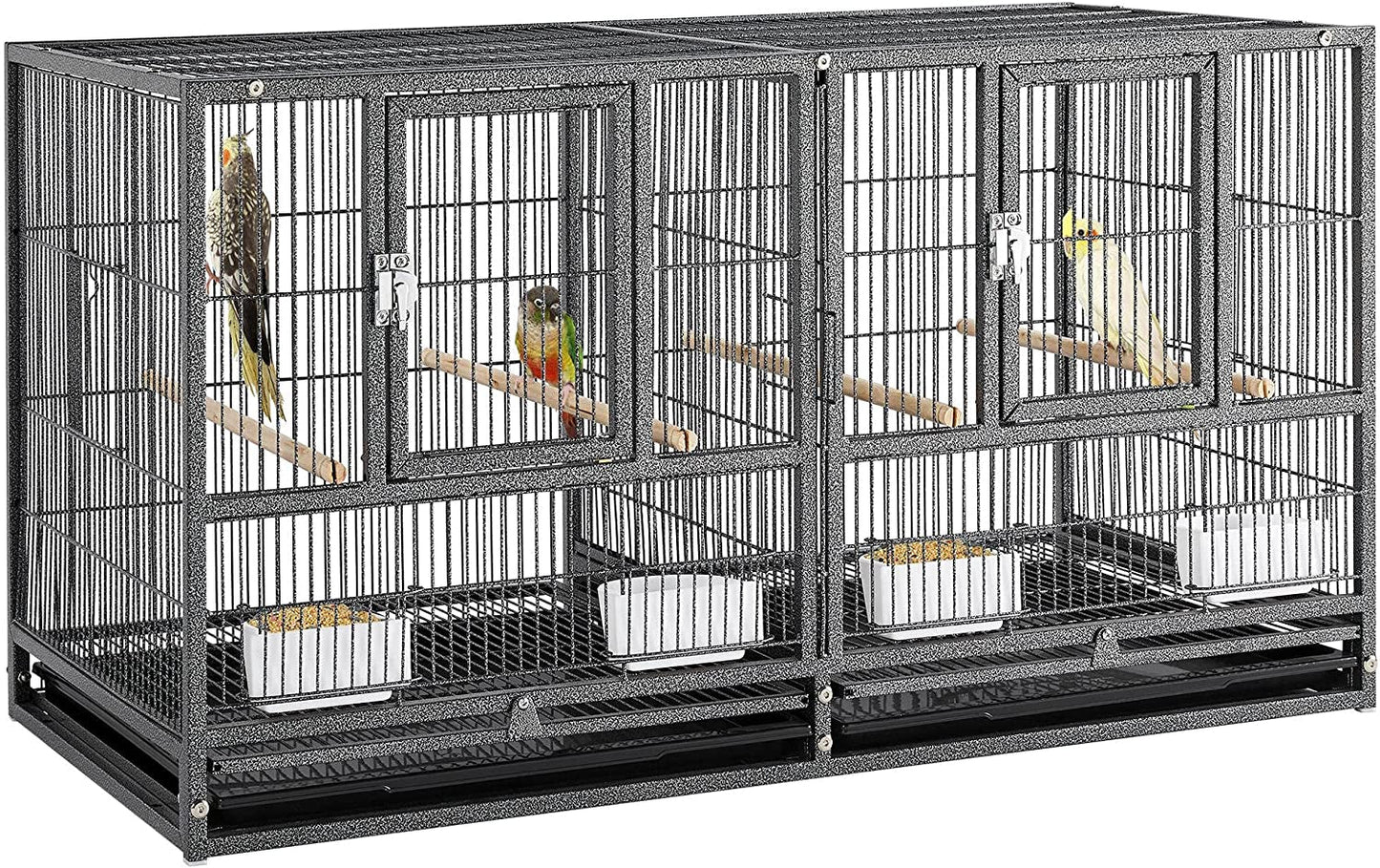 Large bird cage with multiple compartments and birds inside