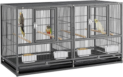 Large bird cage with multiple compartments and birds inside