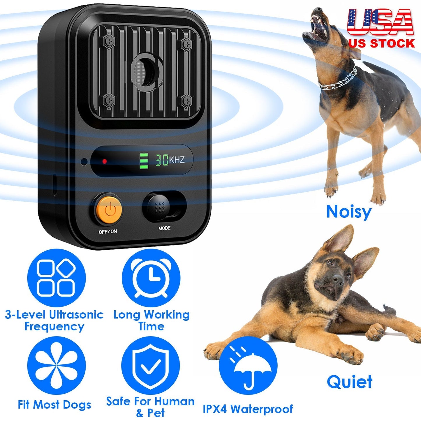 Ultrasonic Anti-Barking Device Rechargeable Auto Dog Bark Control Deterrent Box Training Device IPX4 Waterproof with 3 Frequency Max 32.8Feet Sensing