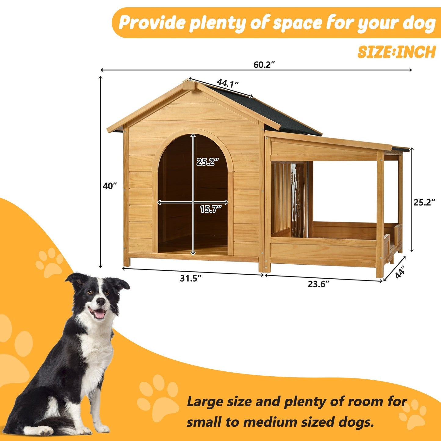 Wooden dog house with dimensions and a dog sitting next to it on an orange background