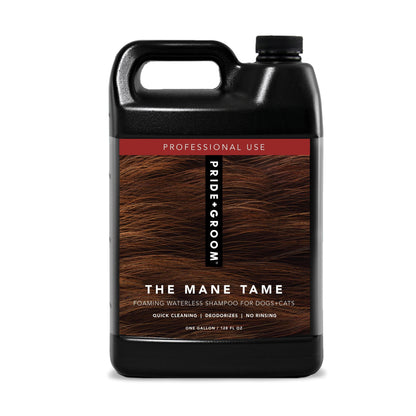 Black bottle of 'The Mane Tame' shampoo for pets with a brown label on a white background