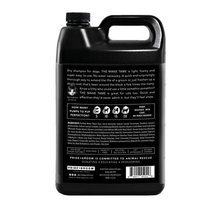 Black bottle of dry shampoo for dogs with text on a white background