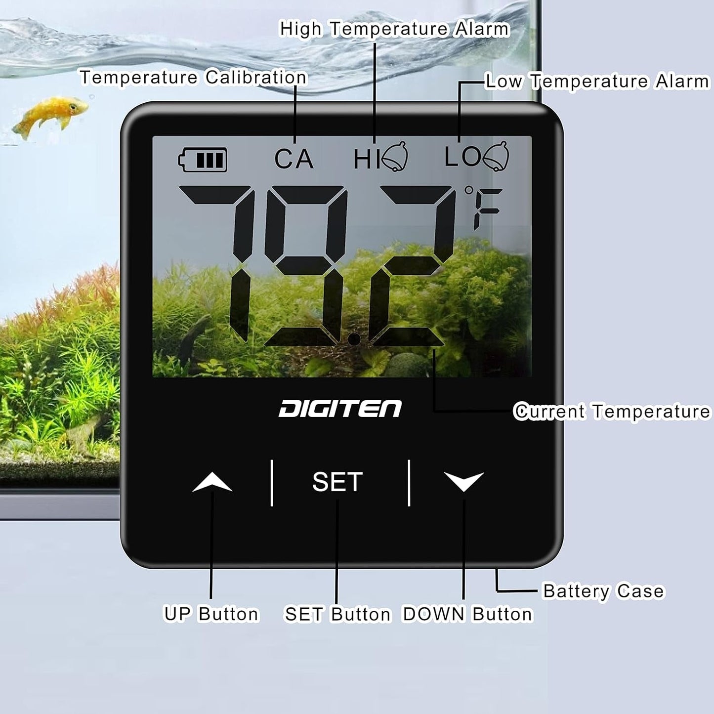 Digital thermometer for aquariums with labeled features and an aquarium background.