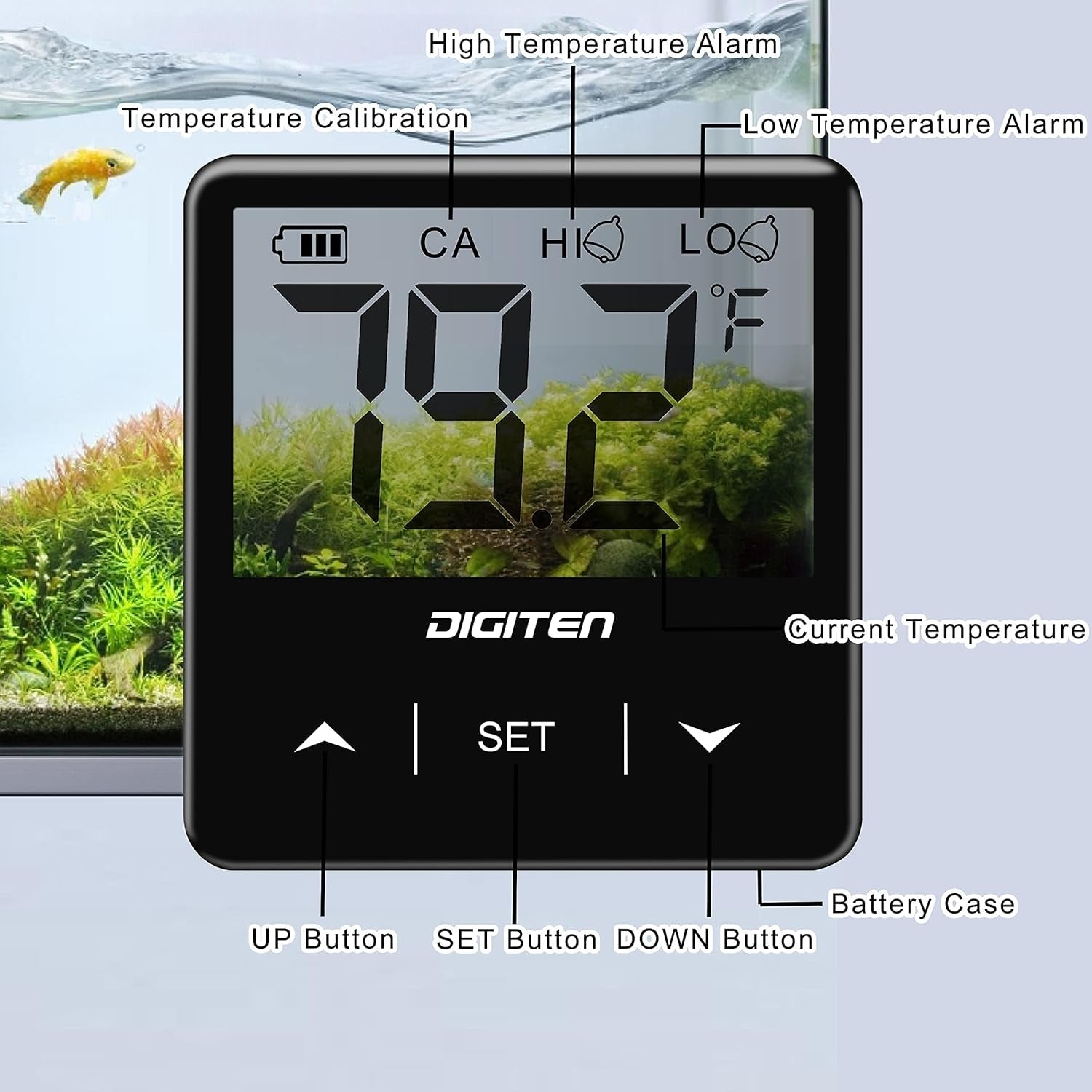Digital thermometer for aquariums with labeled features and an aquarium background.